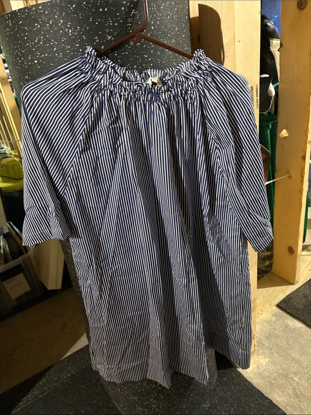 ANN MASHBURN Navy and White Striped Off-Shoulder Mini Dress